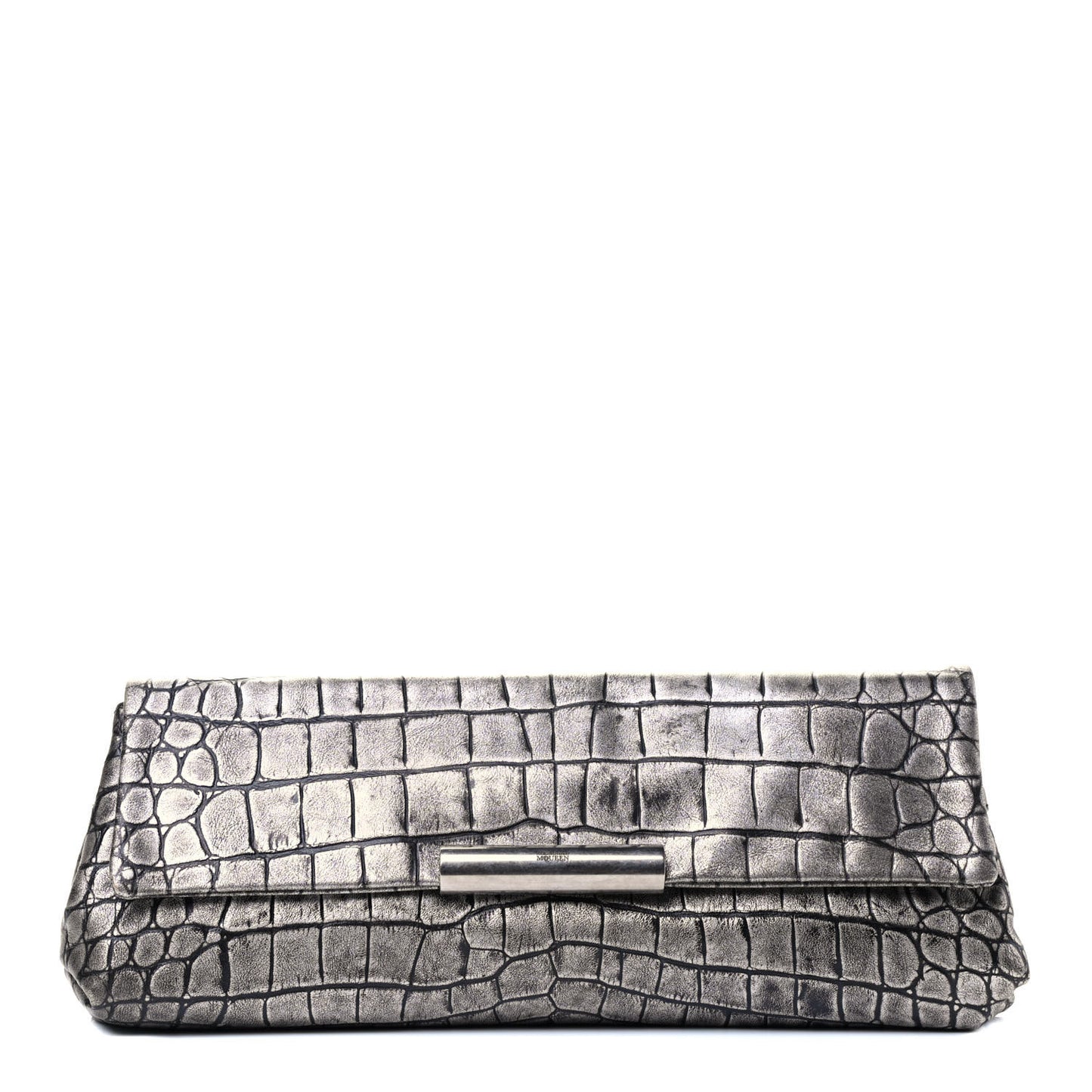 Calfskin Crocodile Embossed Clutch Silver