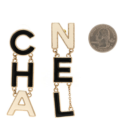 Chanel Metal Enamel Cha-Nel Logo Drop Earrings Black White 2 of 5