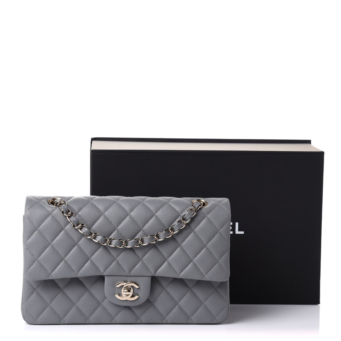 Caviar Quilted Medium Double Flap Grey