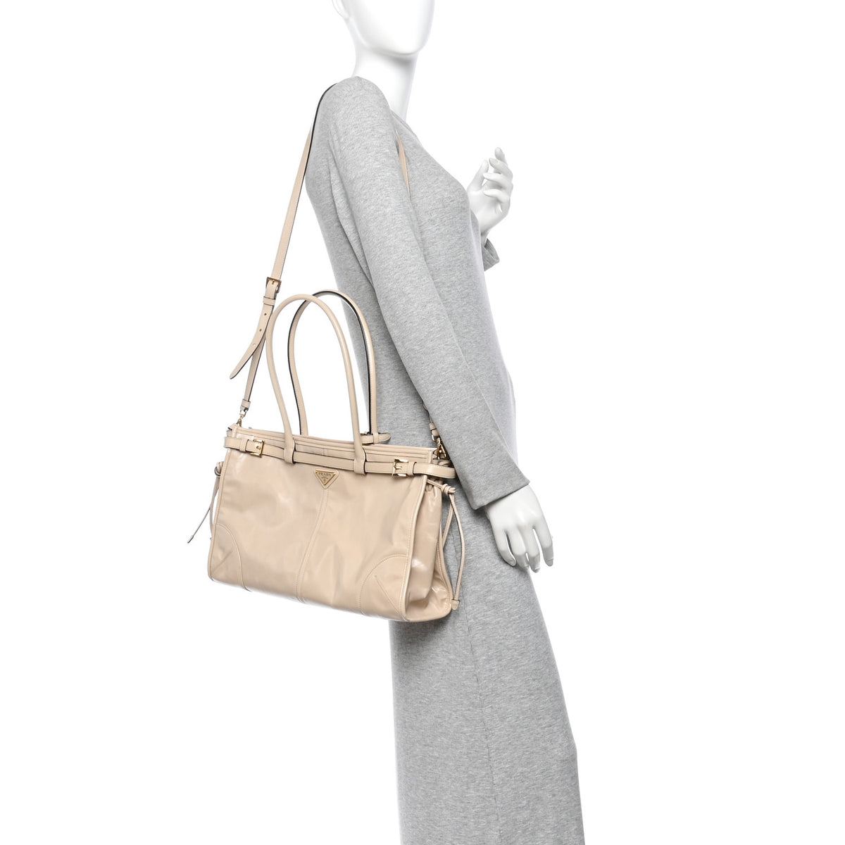 Prada Glossy Calfskin Triangle Large Bonnie Shoulder Bag Travertine 2 of 10