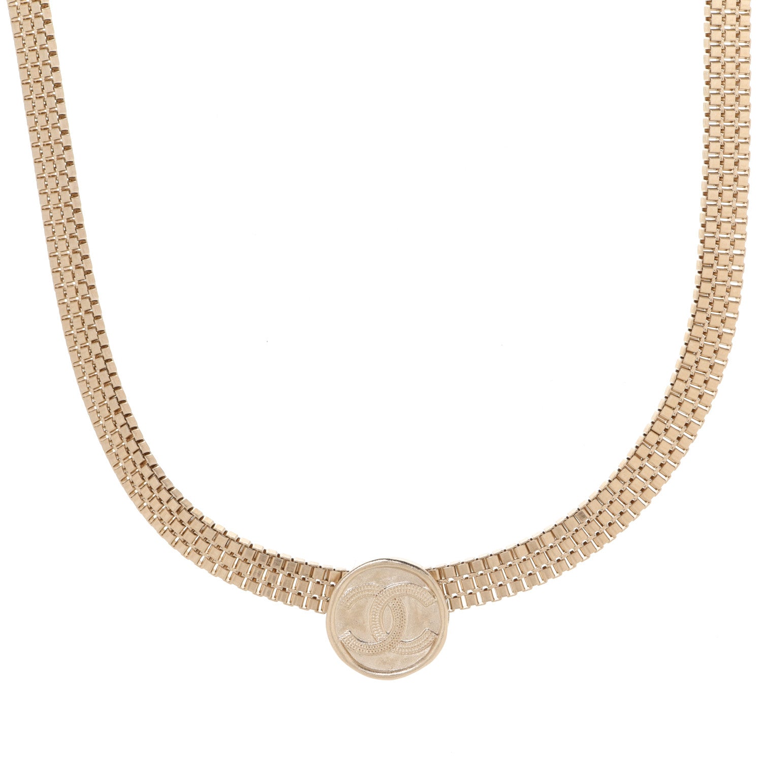 Chanel Metal Chain Link CC Medallion Choker Necklace Gold 1 of 6