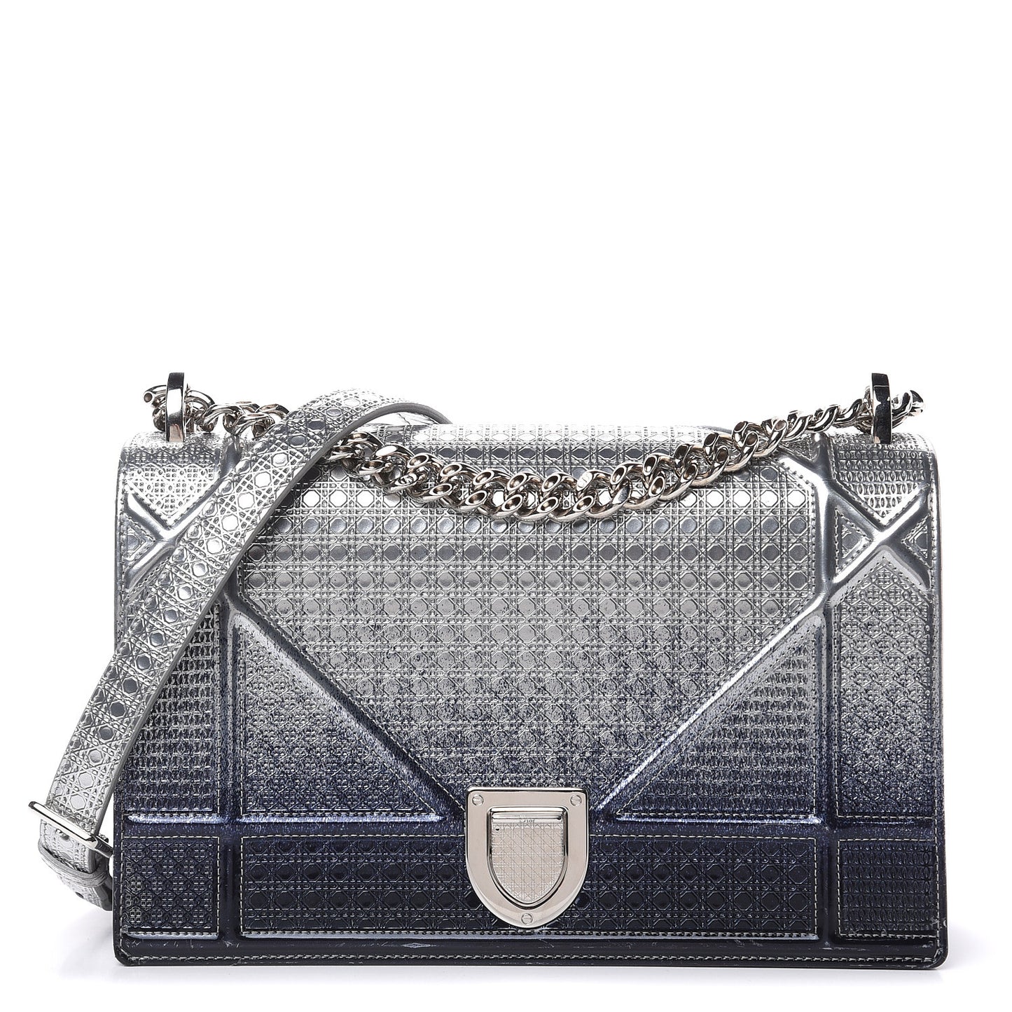 Metallic Patent Micro-Cannage Gradient Medium Diorama Flap Bag Silver Blue