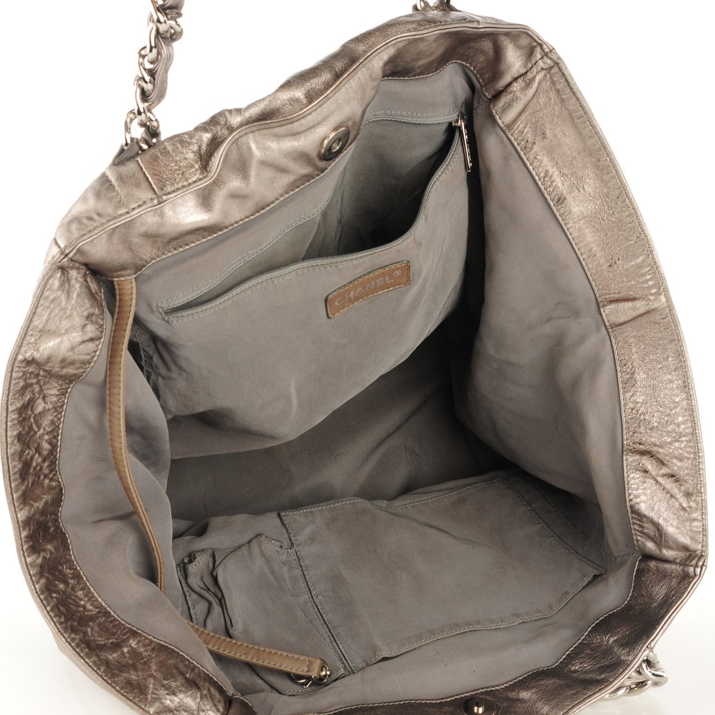 Metallic Cracked Calfskin Modern Chain Tote Dark Silver