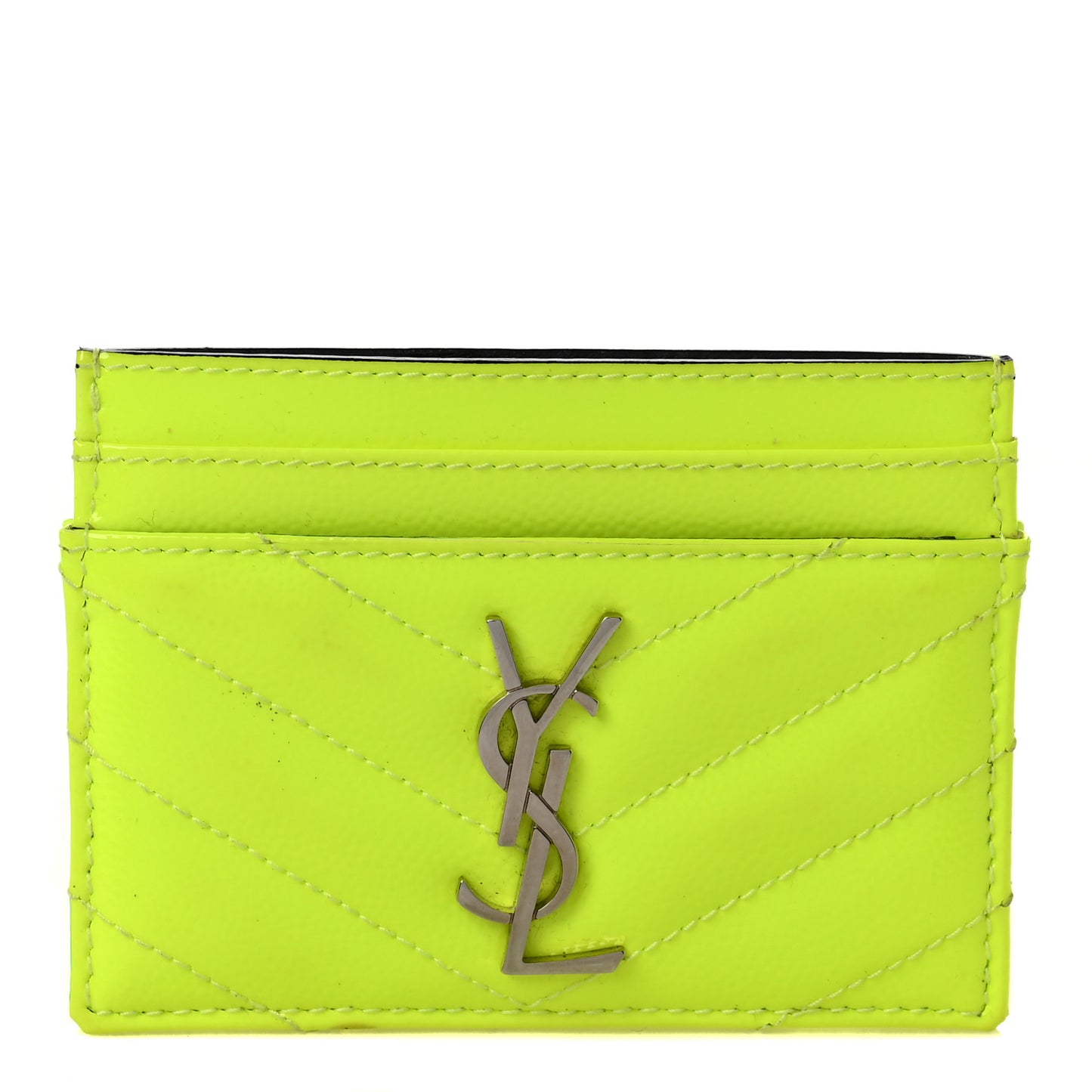 Patent Grain De Poudre Matelasse Chevron Monogram Credit Card Case Neon Yellow