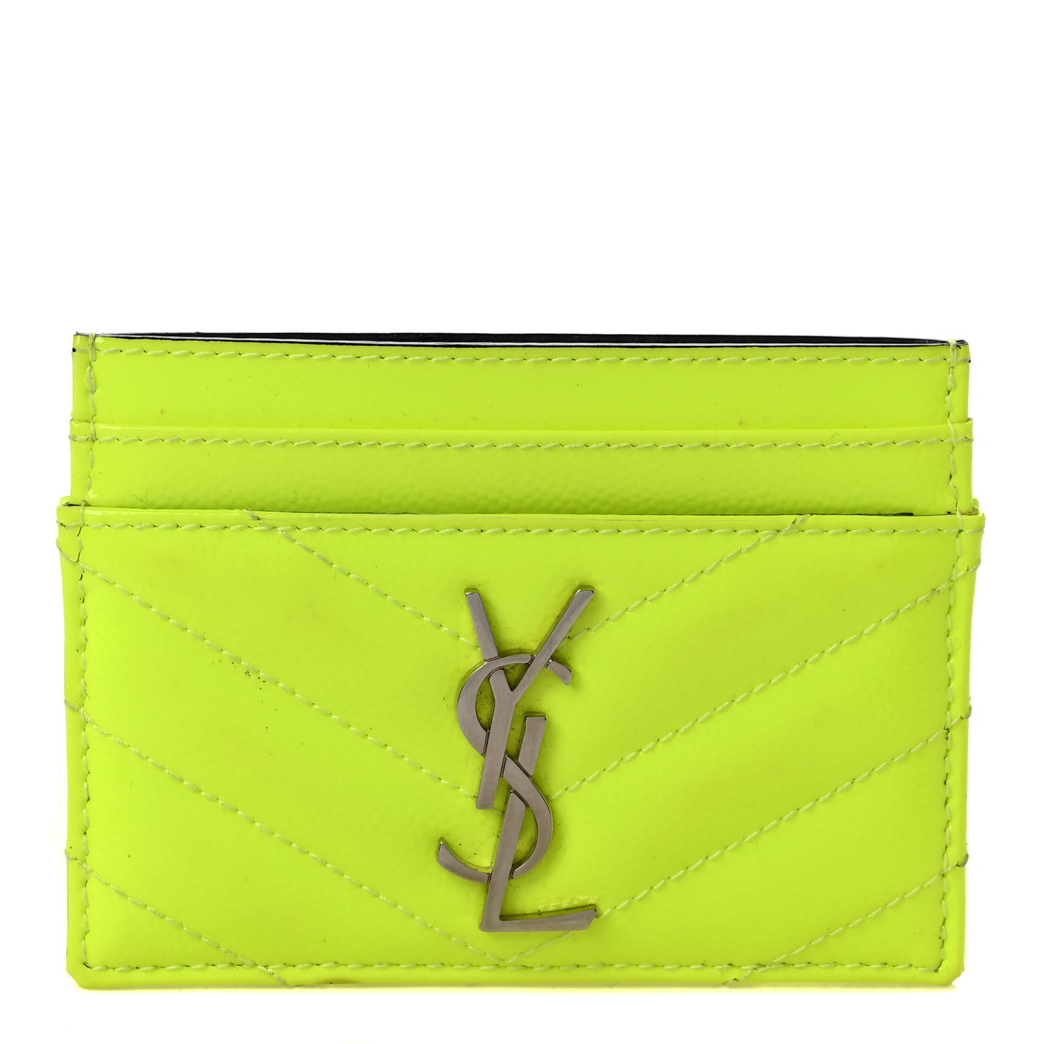 Saint Laurent Patent Grain De Poudre Matelasse Chevron Monogram Credit Card Case Neon Yellow 1 of 8