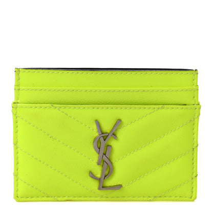 Saint Laurent Patent Grain De Poudre Matelasse Chevron Monogram Credit Card Case Neon Yellow 1 of 8