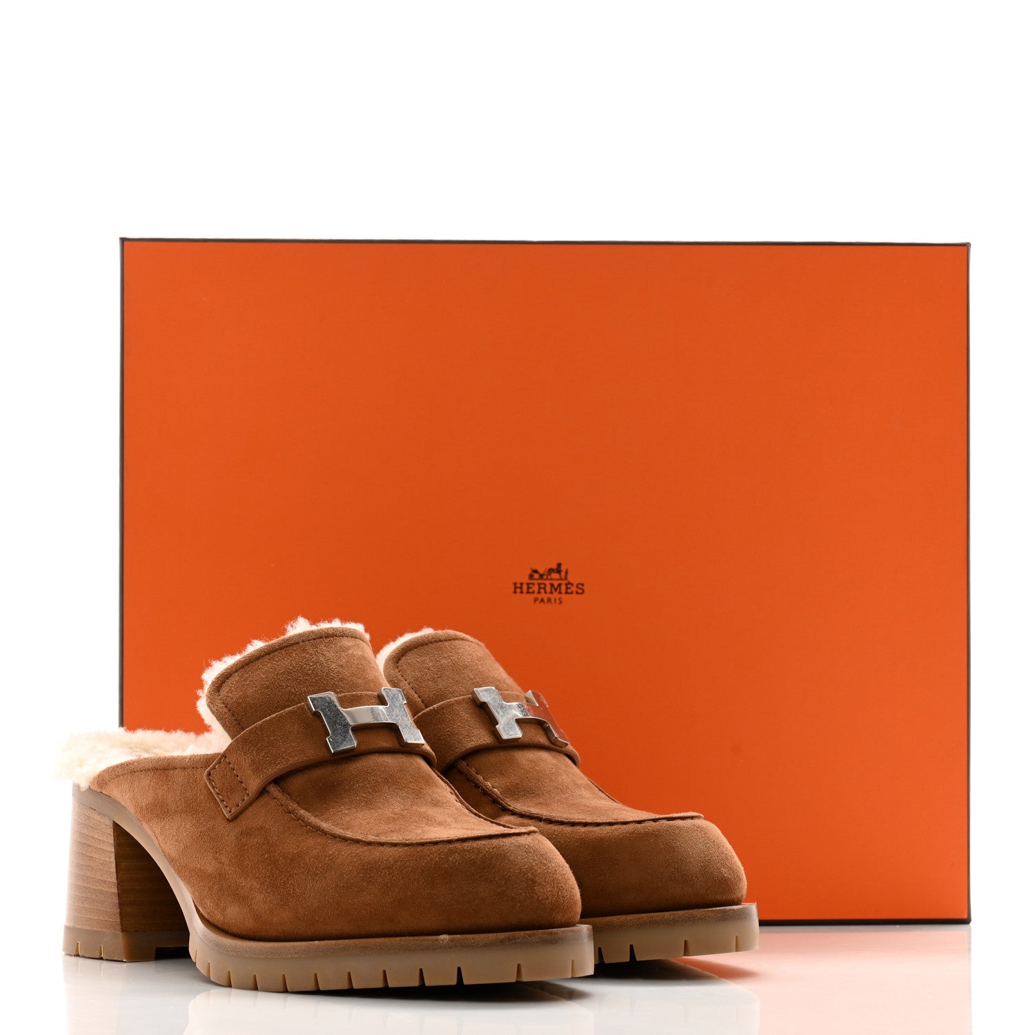 Hermes Suede Woolskin Goatskin Flore 60 Mules 39 Brun Amourette Ecru 19 of 20