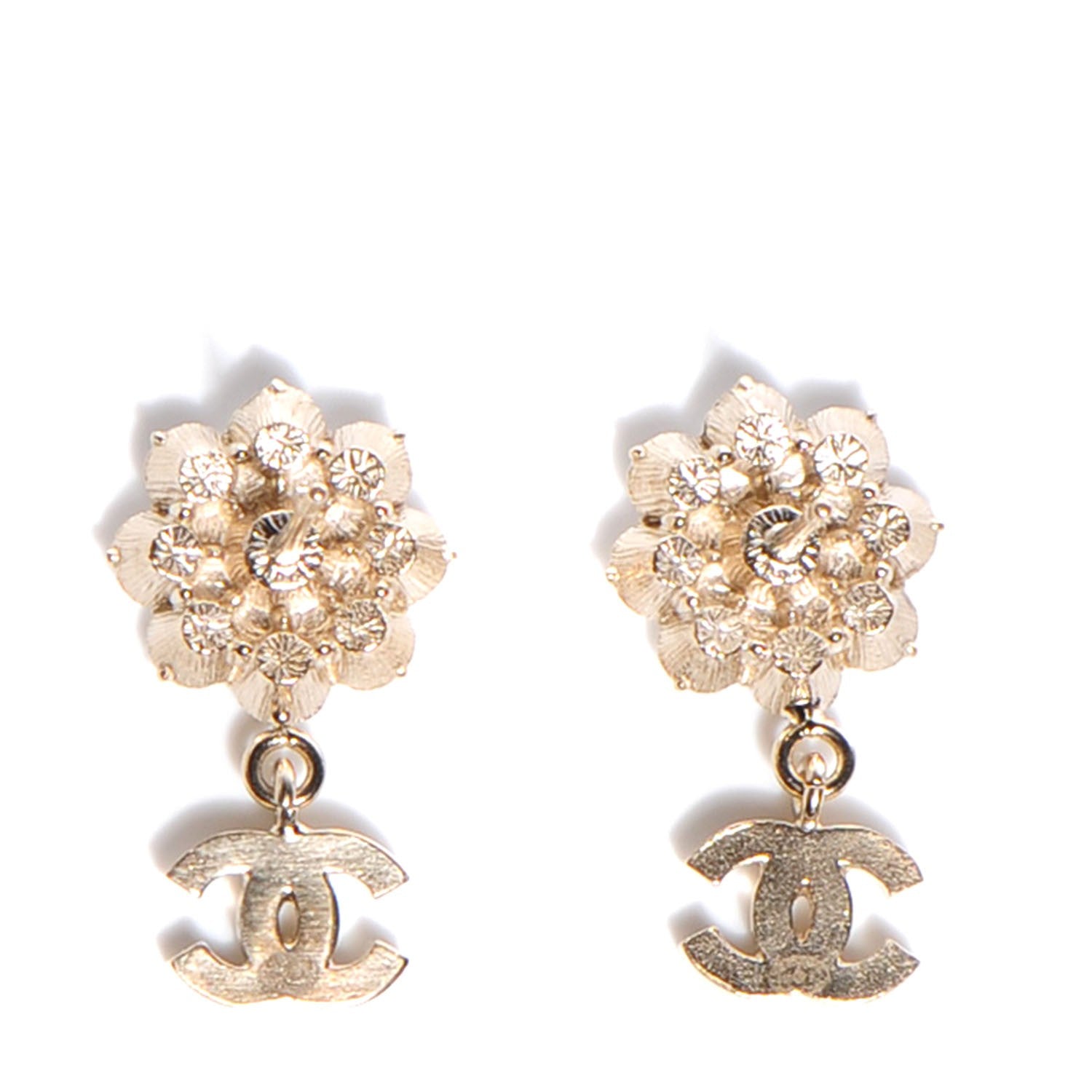 Chanel Crystal CC Flower Dangle Earrings Gold Beige 3 of 5