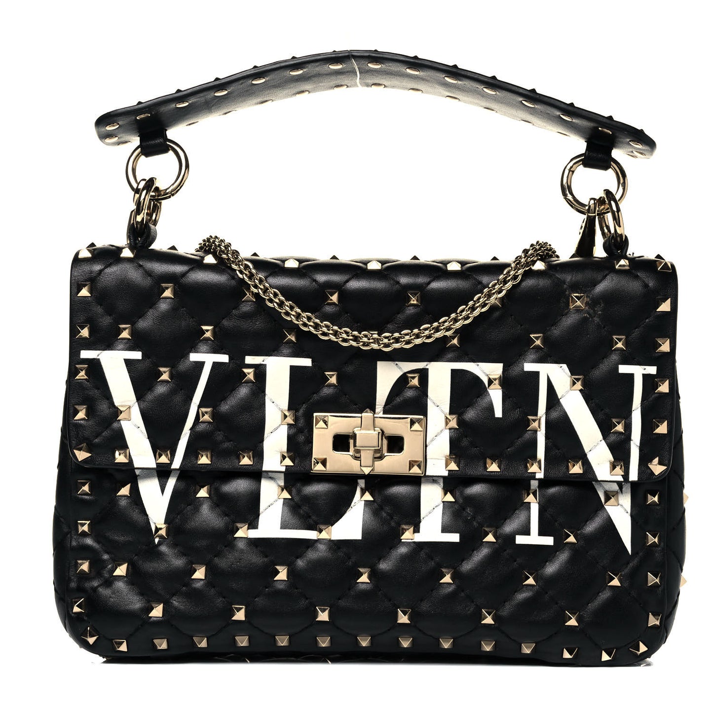 Lambskin VLTN Print Medium Rockstud Spike Shoulder Bag Black
