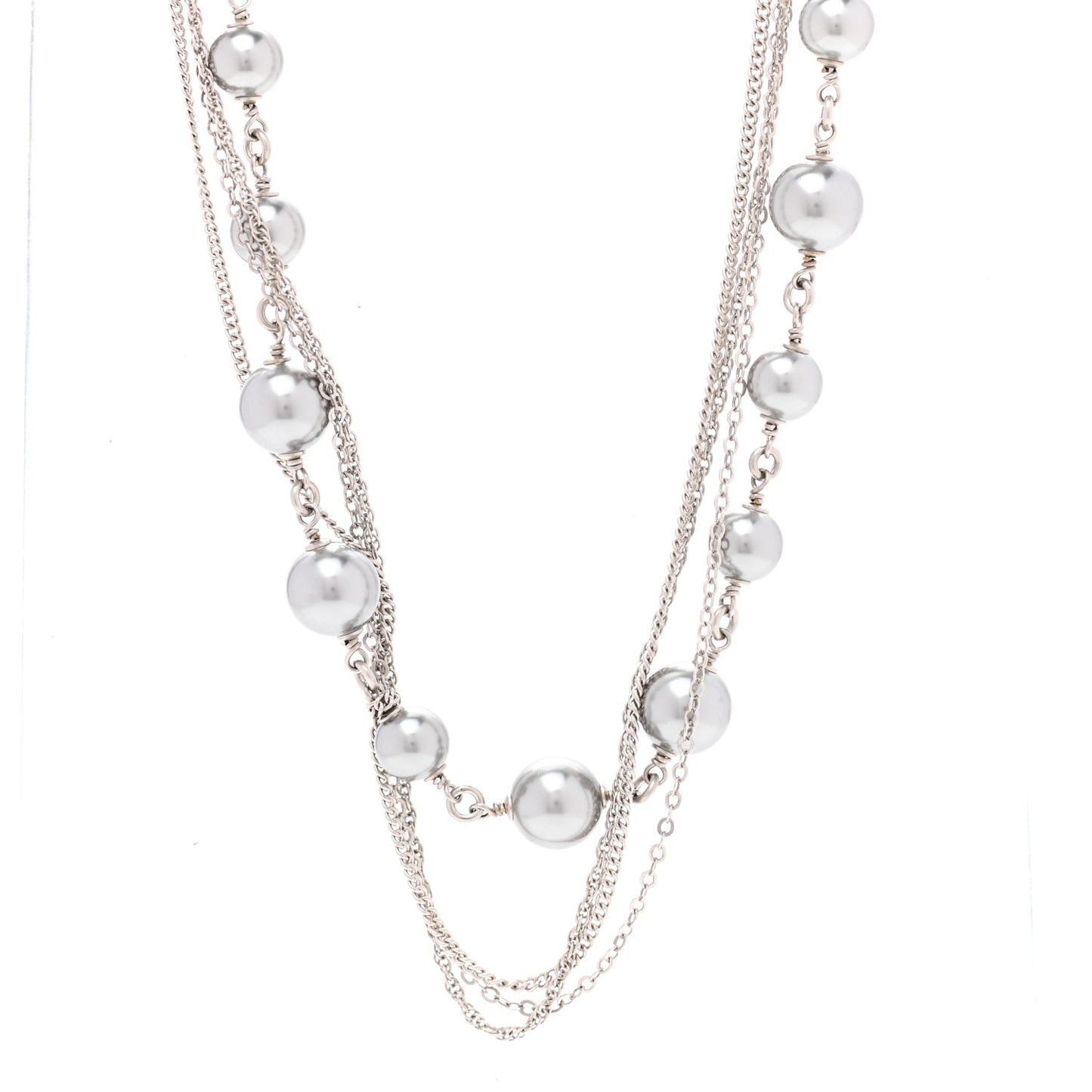Pearl Bead Multi Strand CC Long Necklace Silver Grey