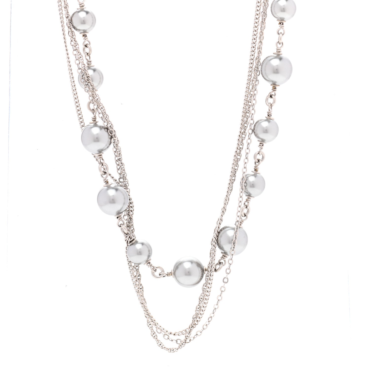 Chanel Pearl Bead Multi Strand CC Long Necklace Silver Grey 4 of 7