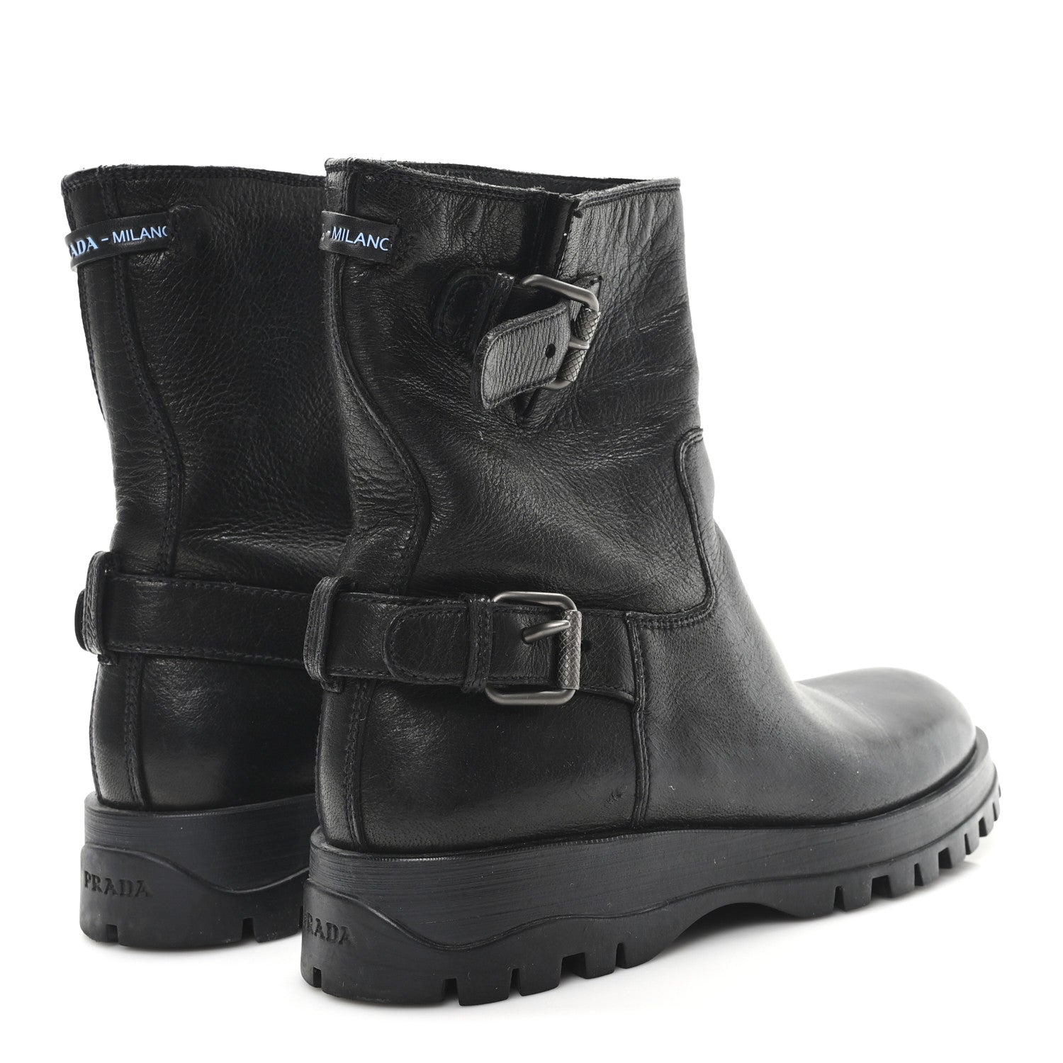 Prada Calfskin Double Buckle Combat Boots 37 Black 5 of 9