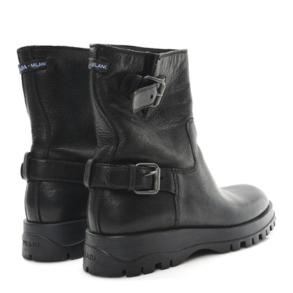 Prada Calfskin Double Buckle Combat Boots 37 Black 5 of 9