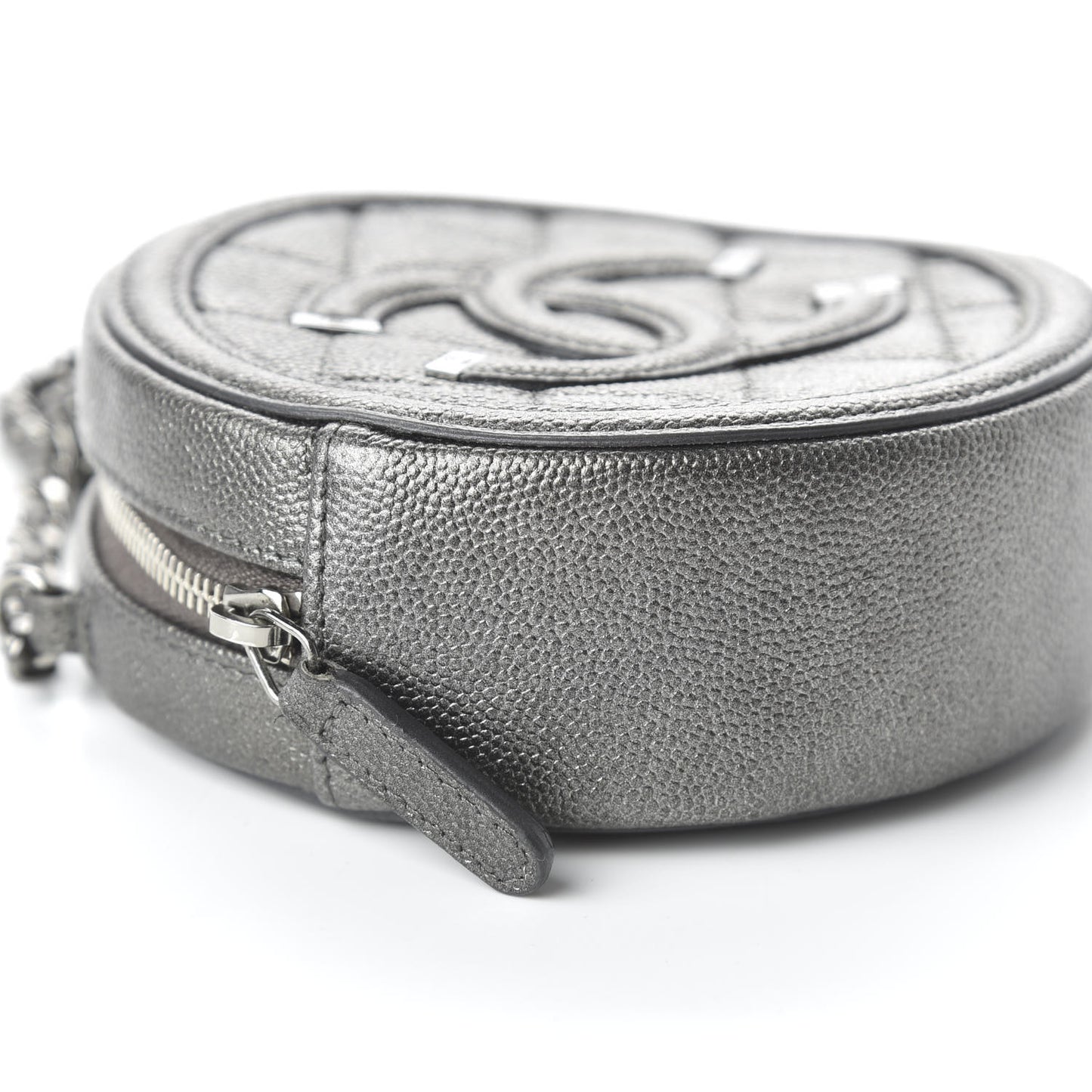 Metallic Caviar Quilted Round Filigree Crossbody Dark Silver