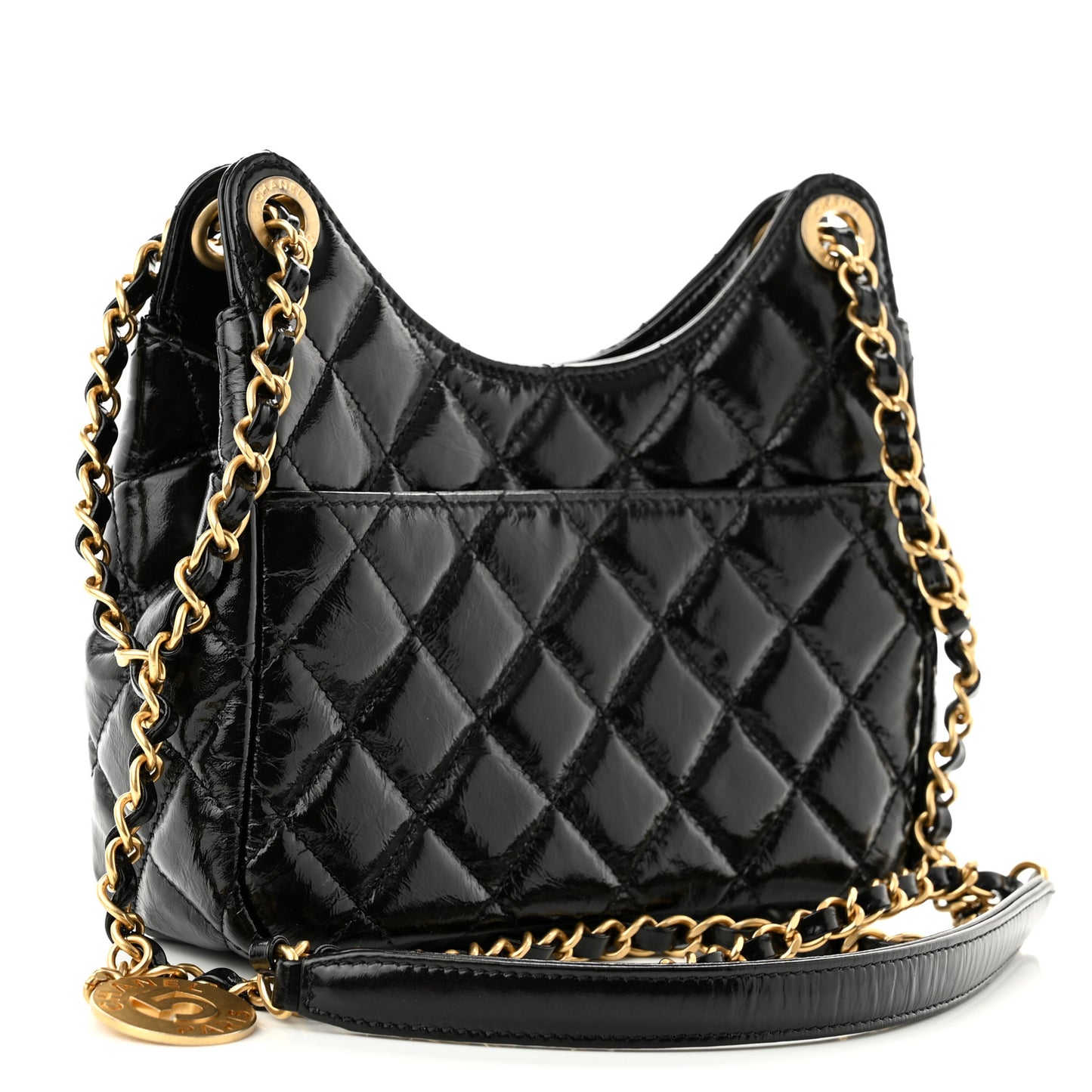 Shiny Crumpled Calfskin Quilted Small Wavy CC Hobo Black