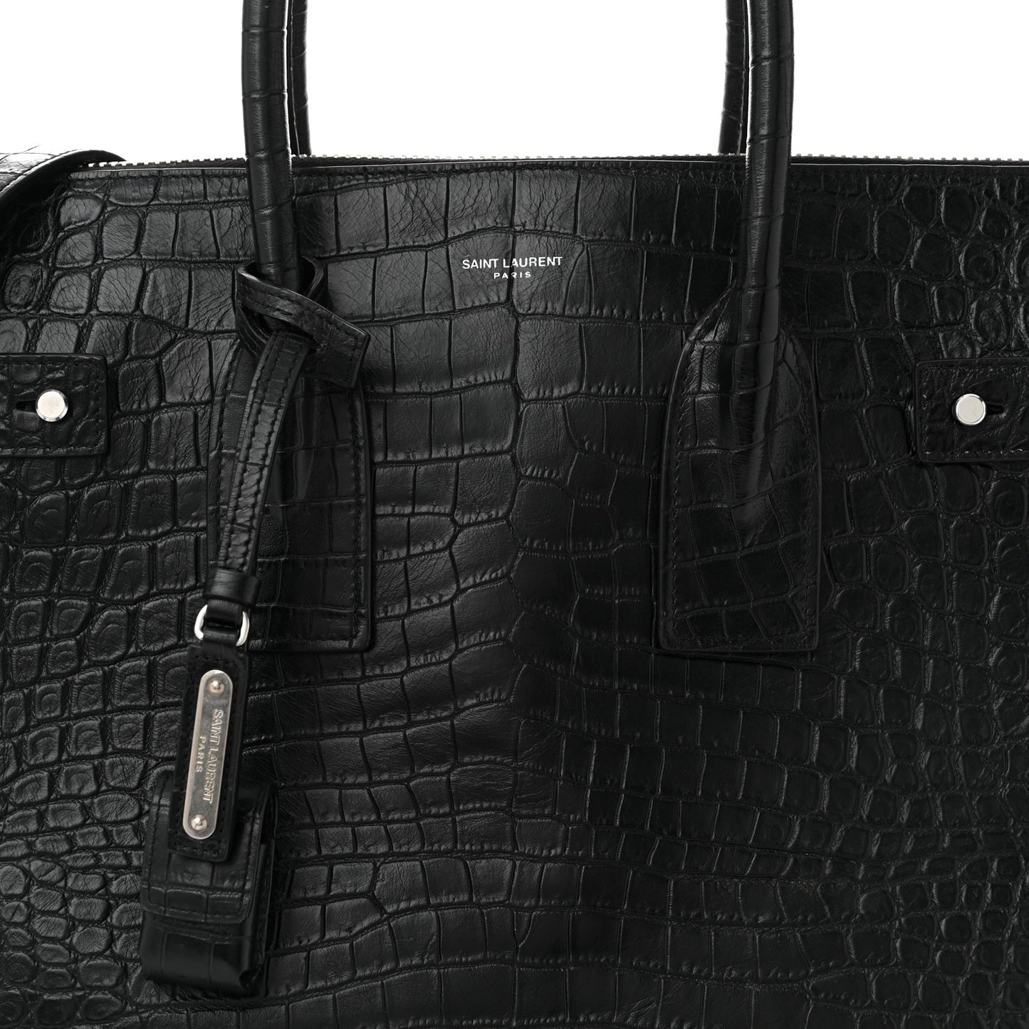 Calfskin Crocodile Embossed Souple North South Tote Black