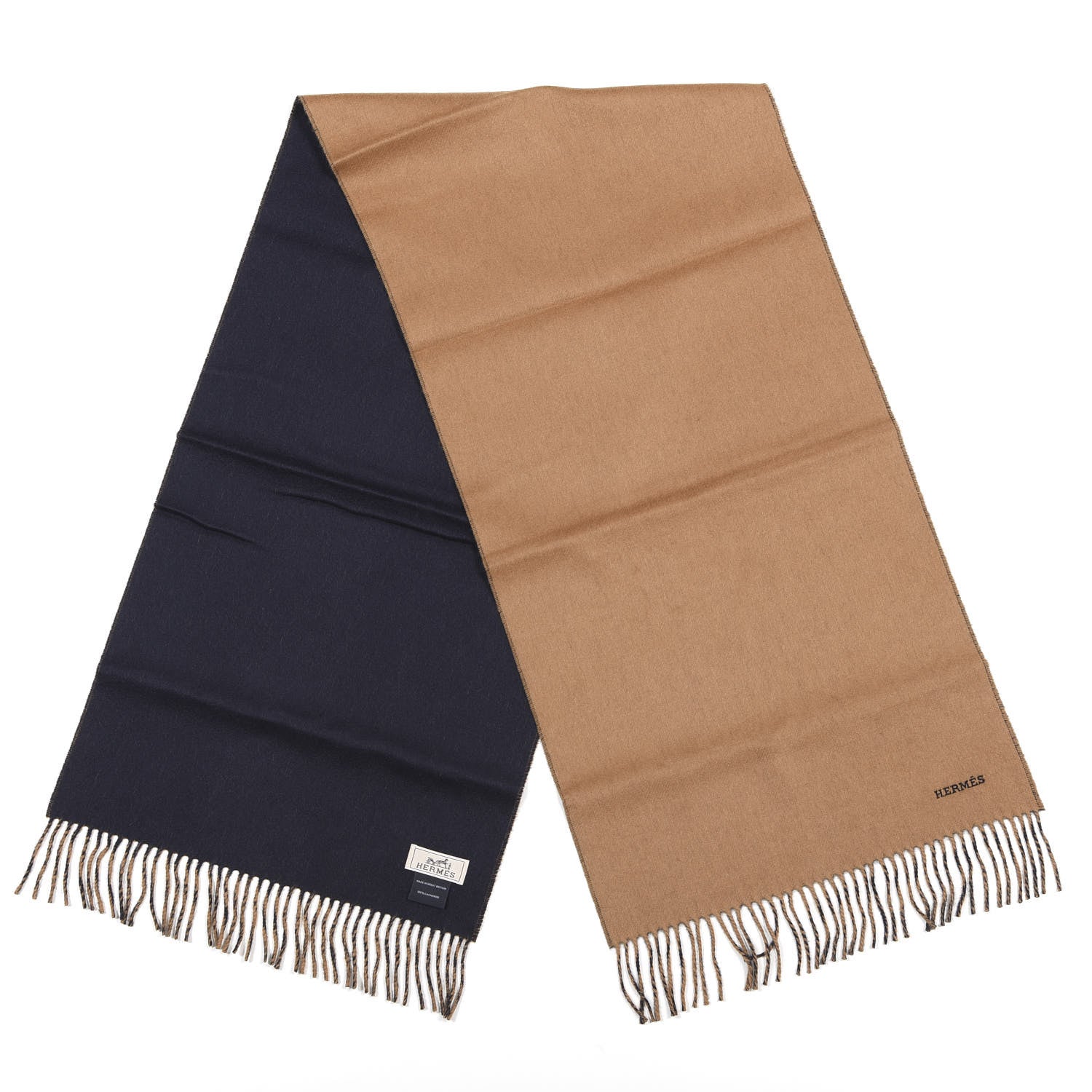 Hermes Cashmere Recto Verso Muffler Camel Marine 2 of 4