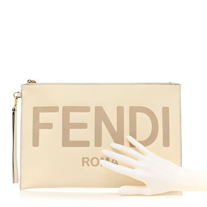 Fendi Vitello King Logo Embossed Large Flat Pouch White Ice 2 of 8