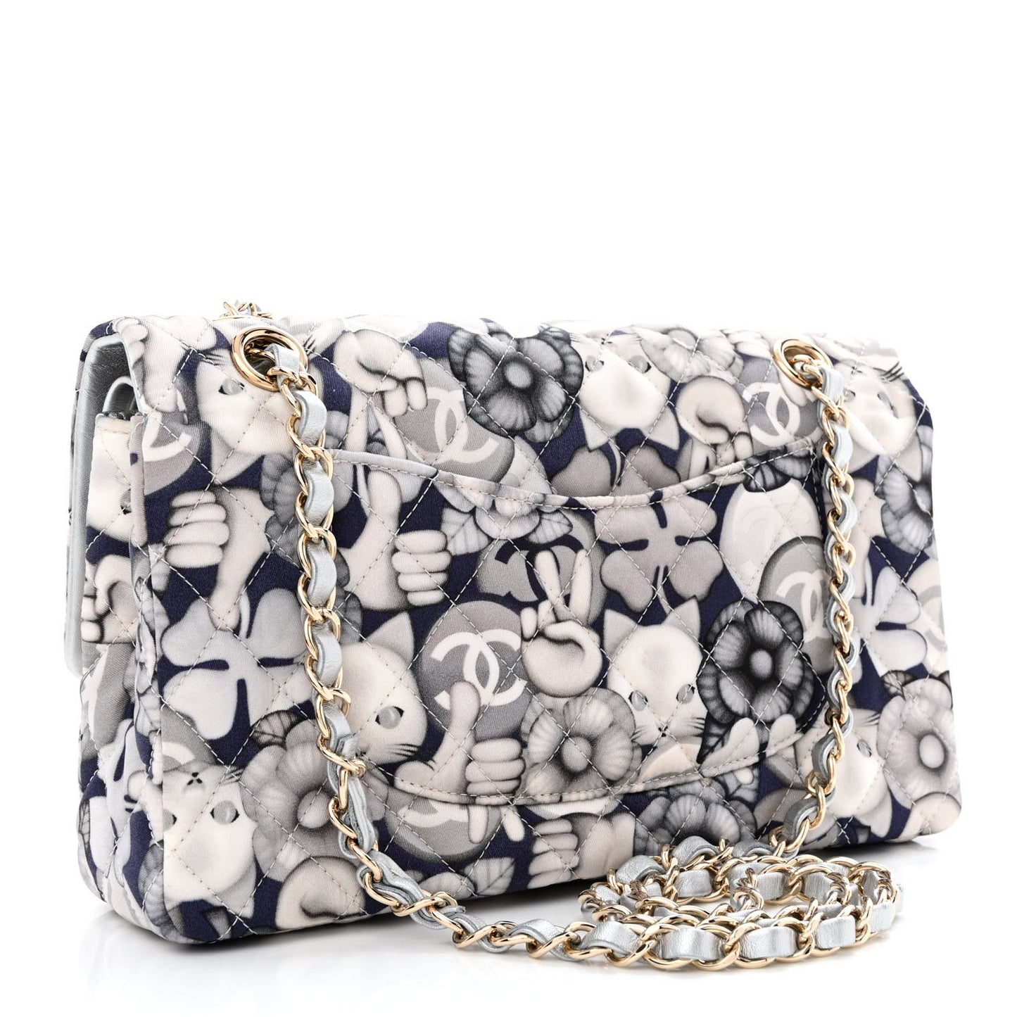 Nylon Quilted Medium Cat Emoticon Double Flap Navy Grey Ecru