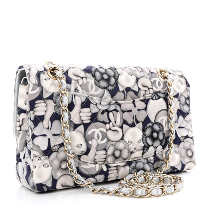 Chanel Nylon Quilted Medium Cat Emoticon Double Flap Navy Grey Ecru 3 of 12