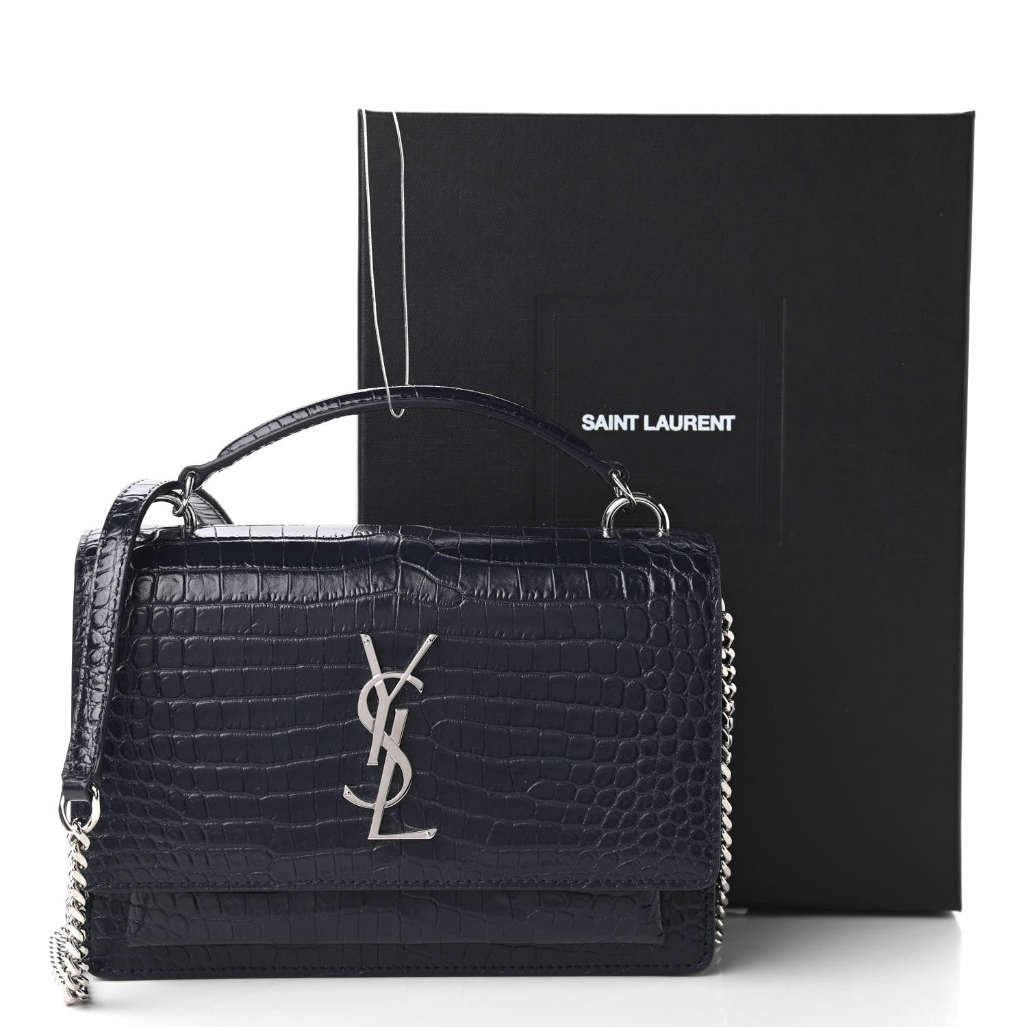 Saint Laurent Calfskin Crocodile Embossed Monogram Sunset Chain Wallet Navy 10 of 10