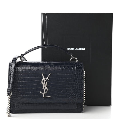 Saint Laurent Calfskin Crocodile Embossed Monogram Sunset Chain Wallet Navy 10 of 10