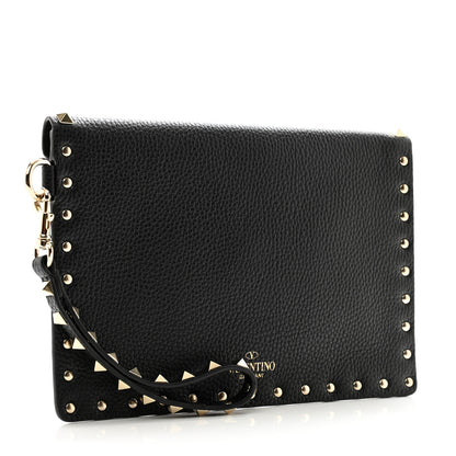Valentino Garavani Pebbled Calfskin Medium Rockstud Envelope Flat Wristlet Pouch Black 3 of 8
