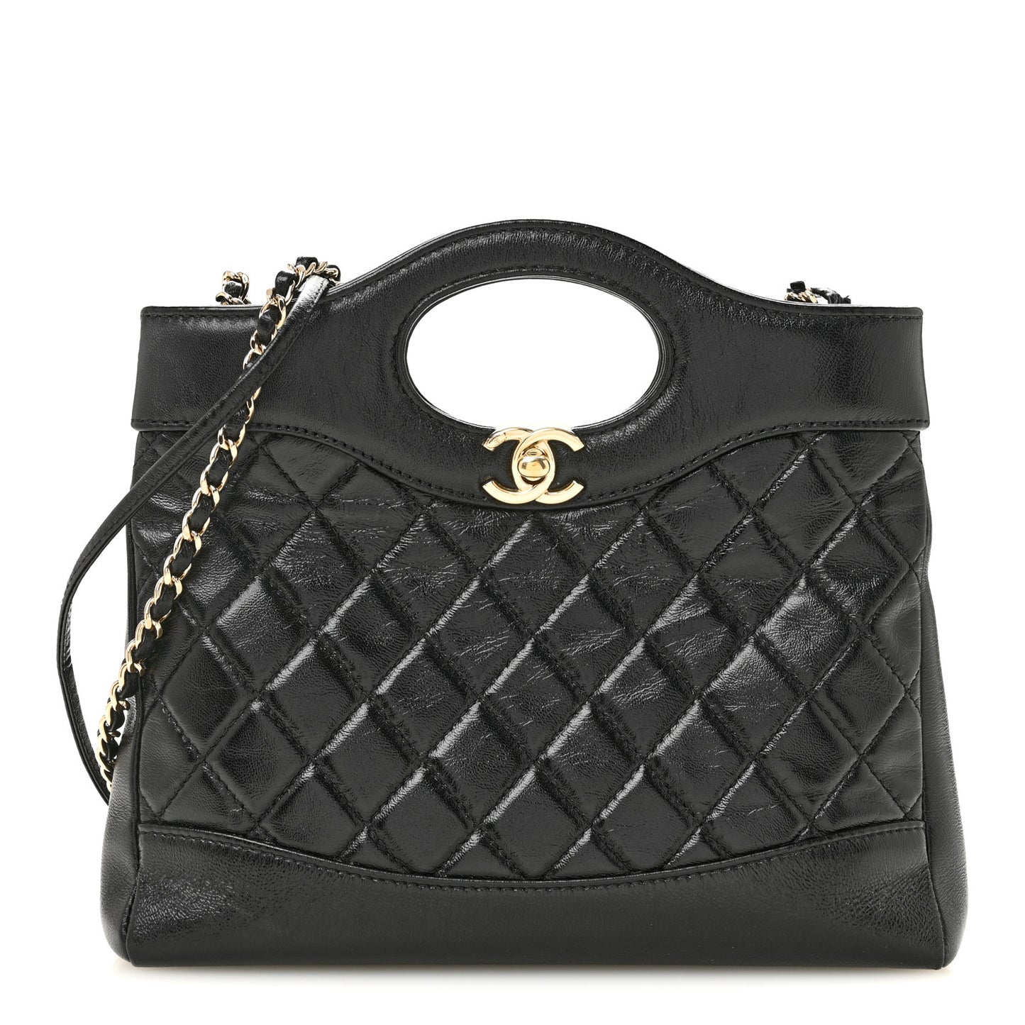 Shiny Crumpled Calfskin Quilted Mini 31 Shopping Bag Black