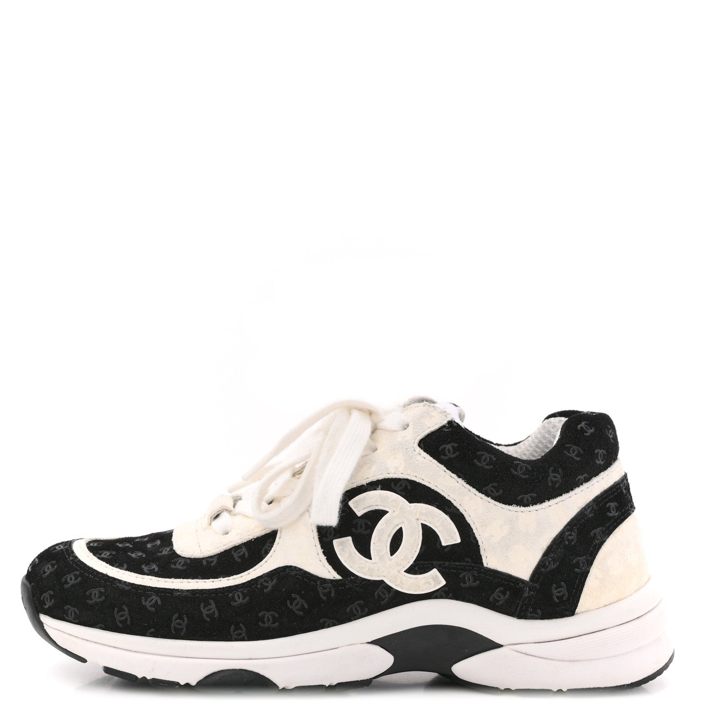 Chanel Nylon Suede Calfskin Printed CC Sneakers 36 White Black 1 of 8