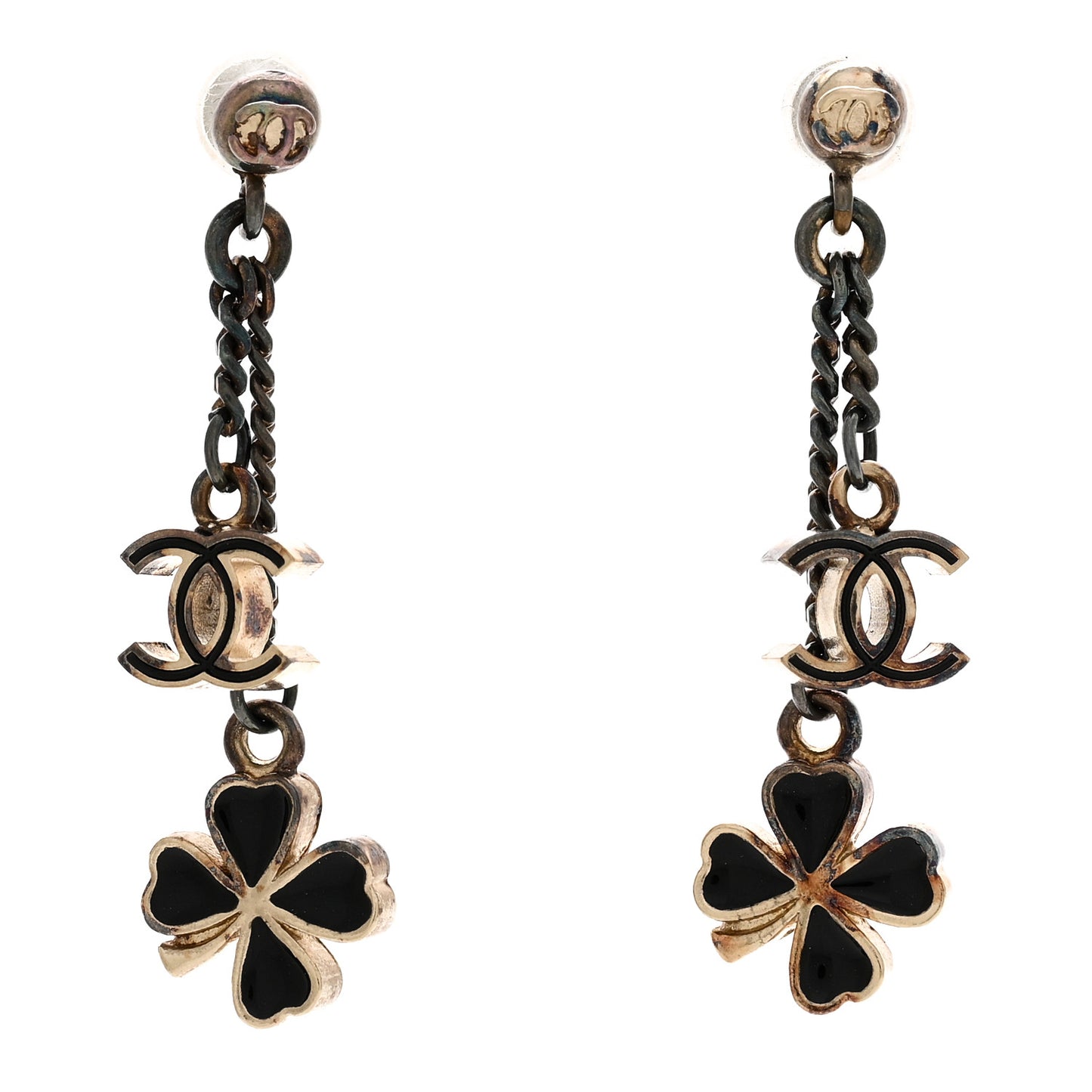 Enamel CC Clover Drop Earrings Black Gold