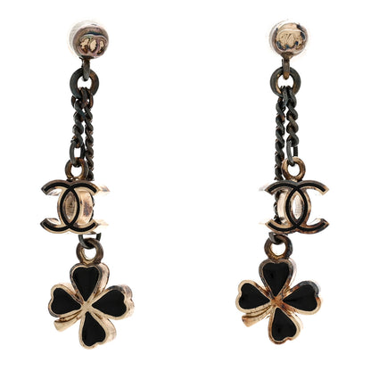 Chanel Enamel CC Clover Drop Earrings Black Gold 1 of 5