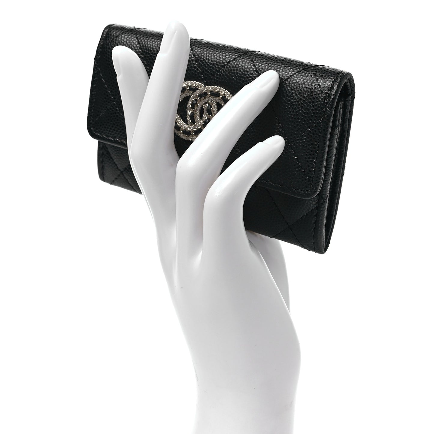 Caviar Quilted Crystal CC Flap Card Holder Black
