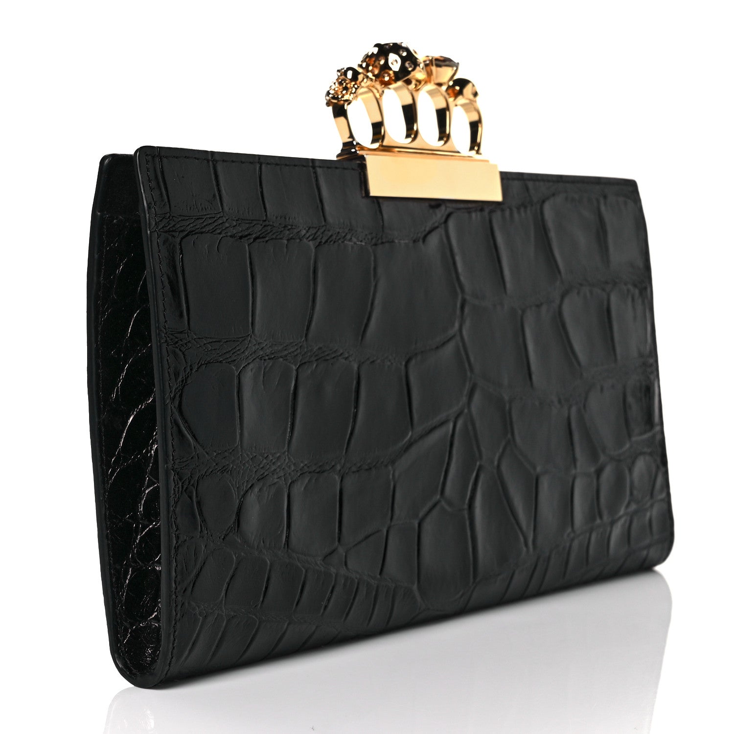 Alexander McQueen Calfskin Crocodile Embossed Knuckle Flat Clutch Black Gold 3 of 8
