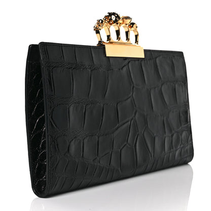 Alexander McQueen Calfskin Crocodile Embossed Knuckle Flat Clutch Black Gold 3 of 8