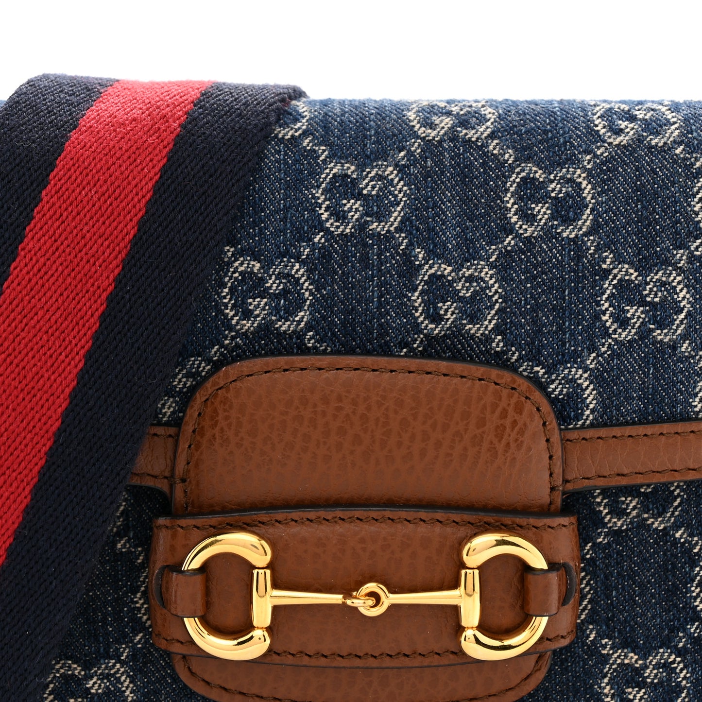 New Denim GG Monogram Dollar Calfskin Web Mini Horsebit 1955 Shoulder Bag Blue Tea Cuir Epilog