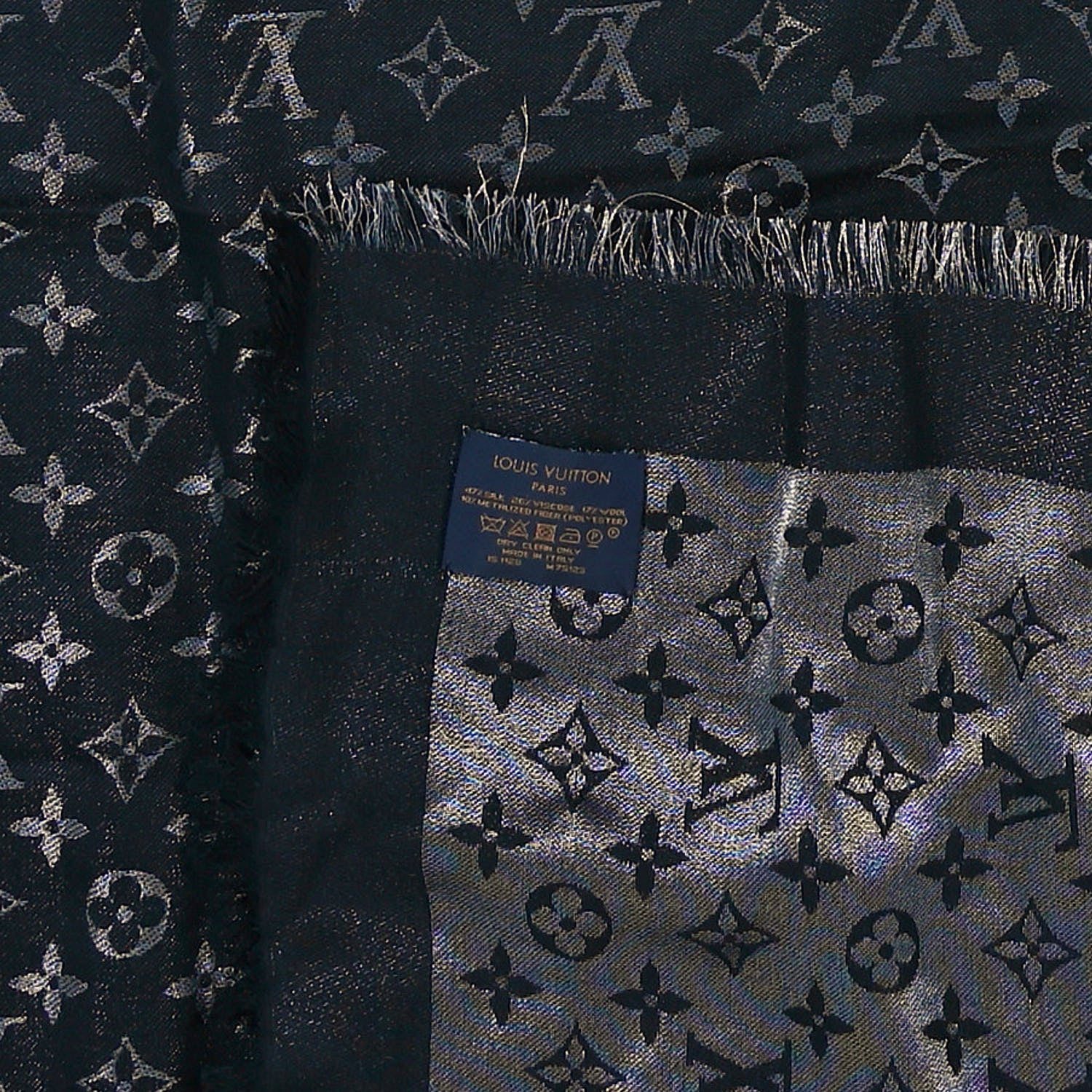 Louis Vuitton Silk Wool So Shine Monogram Shawl Grey Black 3 of 6