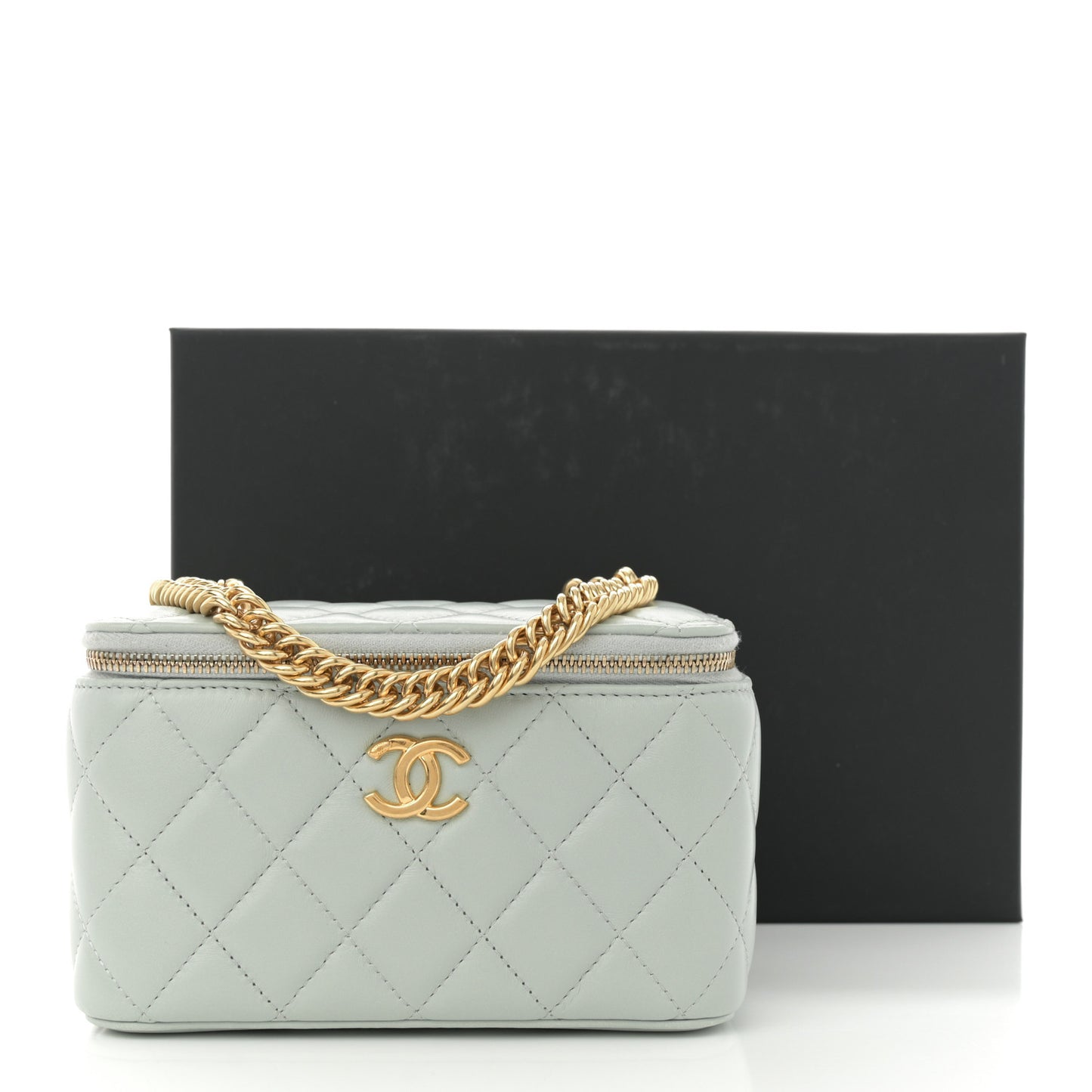 Lambskin Enamel Quilted Logo Small Vanity Case With Chain Light Grey