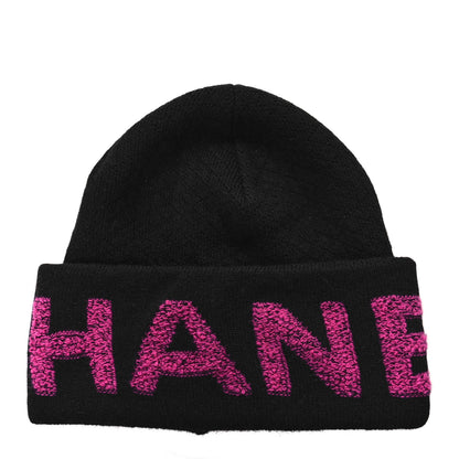 Chanel Cashmere Logo Beanie Hat Black Fuchsia 1 of 5