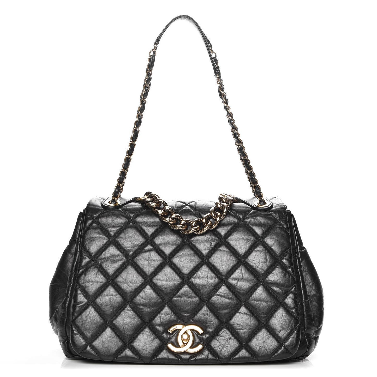 Aged Calfskin Quilted Large Pondichery Flap Black