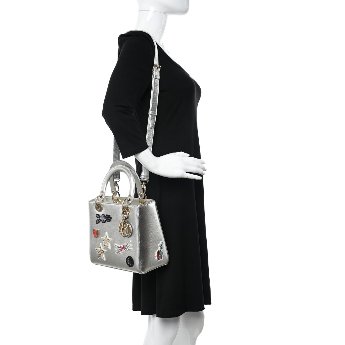 Metallic Calfskin Embroidered Lady Dior Silver Multicolor