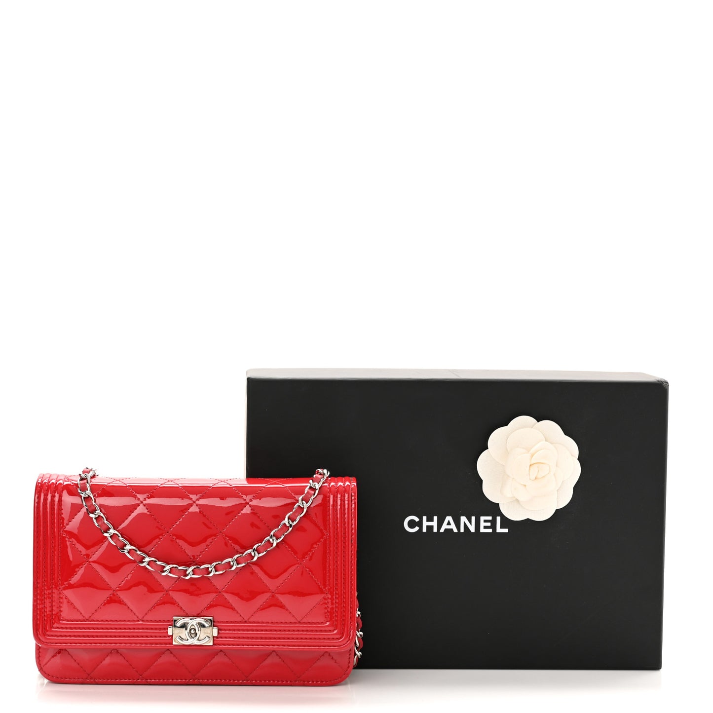 Patent Calfskin Quilted Boy Wallet On Chain WOC Red
