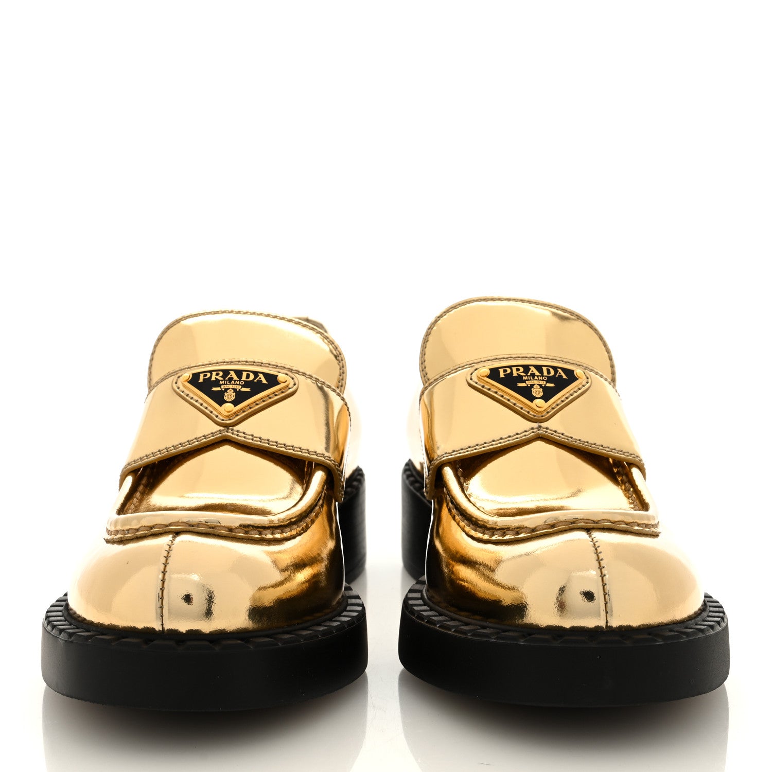 Prada Metallic Brushed Calfskin Metal Triangle Logo 50mm Loafers 38 Platino 3 of 8