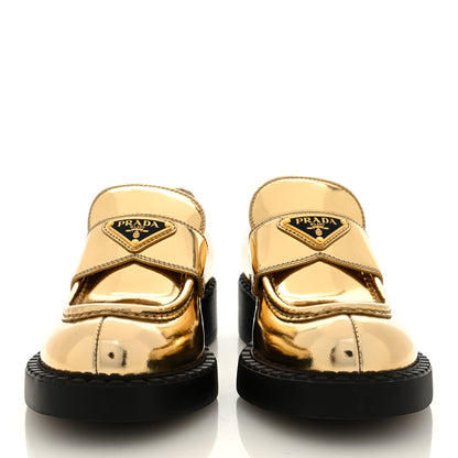 Prada Metallic Brushed Calfskin Metal Triangle Logo 50mm Loafers 38 Platino 3 of 8