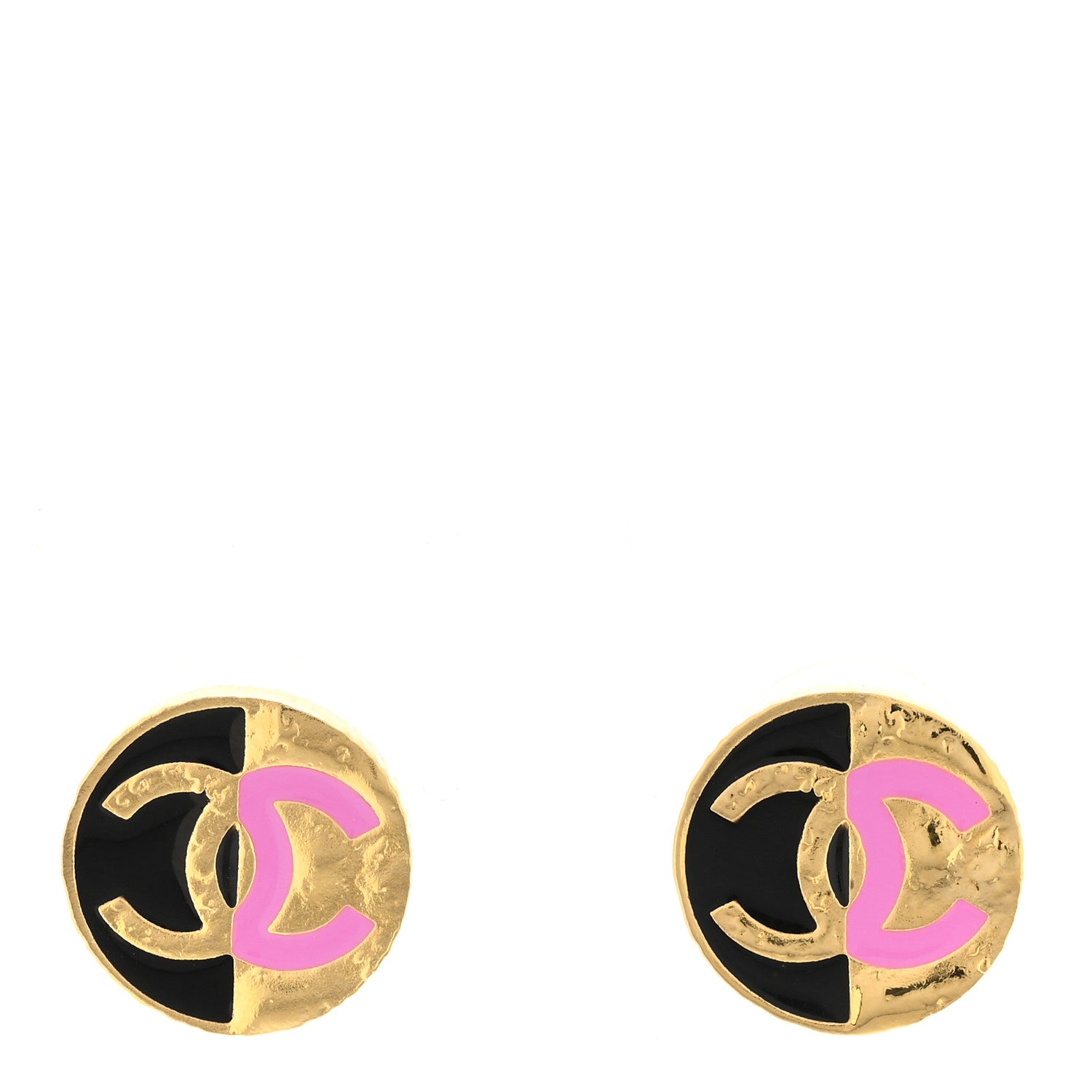 Chanel Metal Enamel CC Round Earrings Gold Pink Black 1 of 5