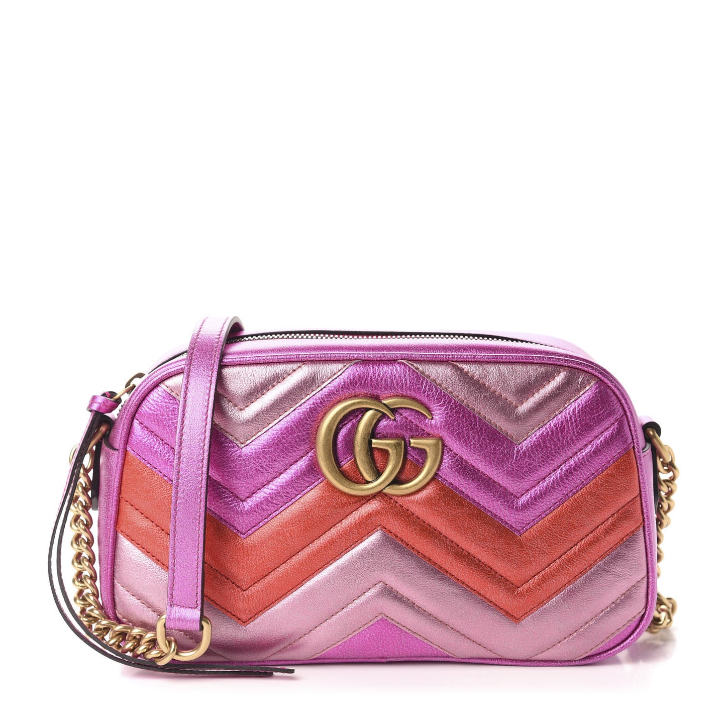 Laminated Nappa Matelasse Small GG Marmont Chain Shoulder Bag Fuxia Rosso Rosa