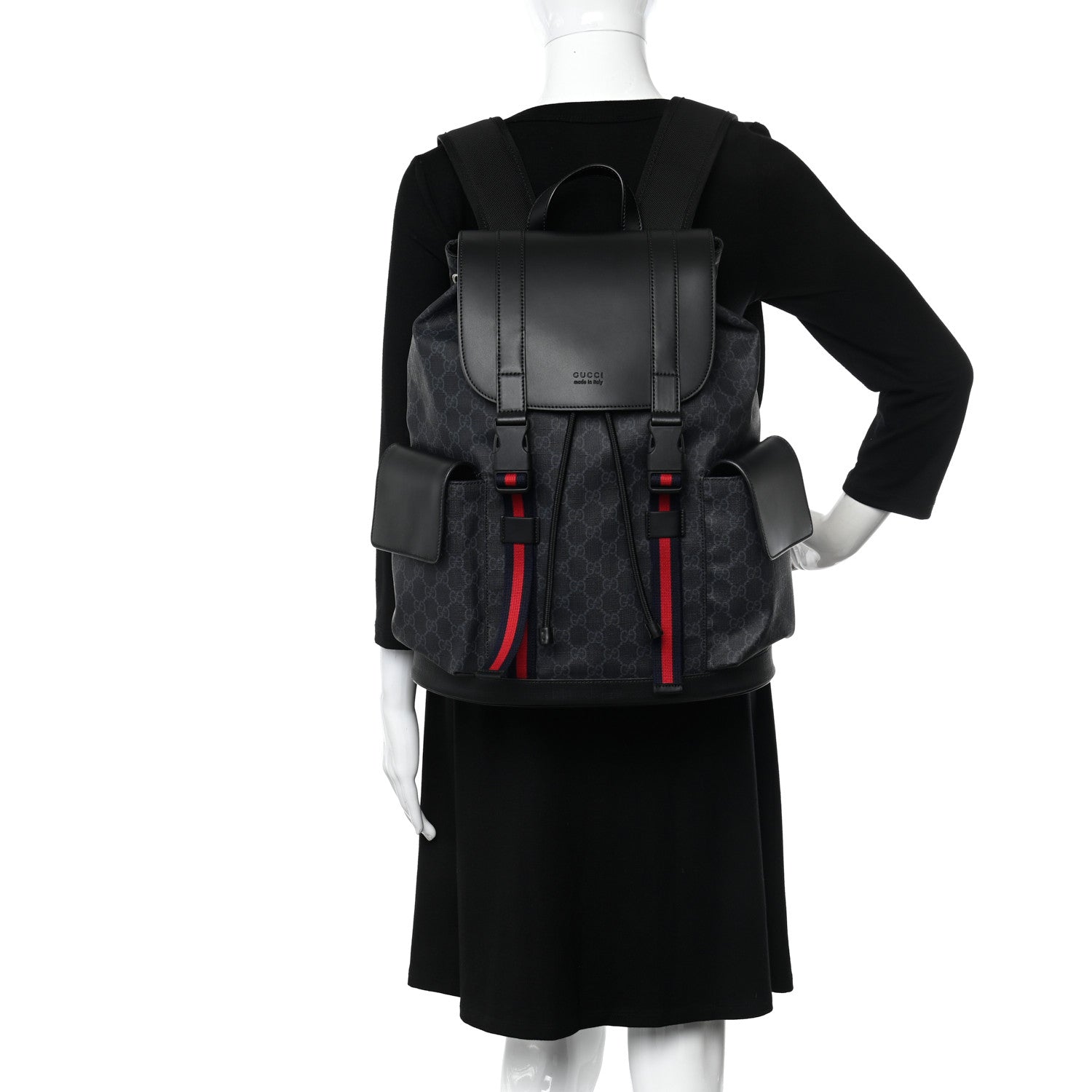 Gucci Soft GG Supreme Monogram Calfskin Web Double Buckle Backpack Black 2 of 10