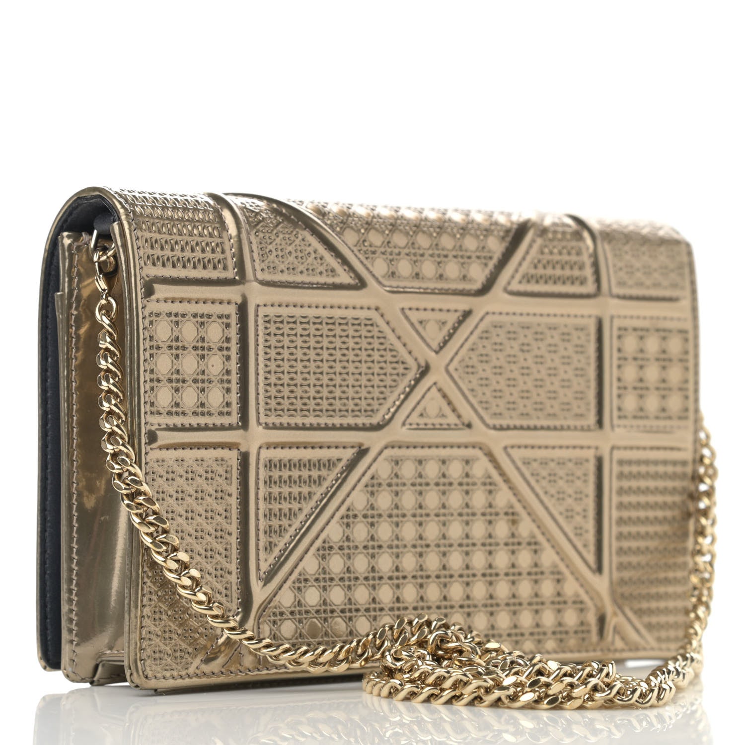 Christian Dior Metallic Patent Micro-Cannage Diorama Wallet on Chain Pouch Gold 3 of 12