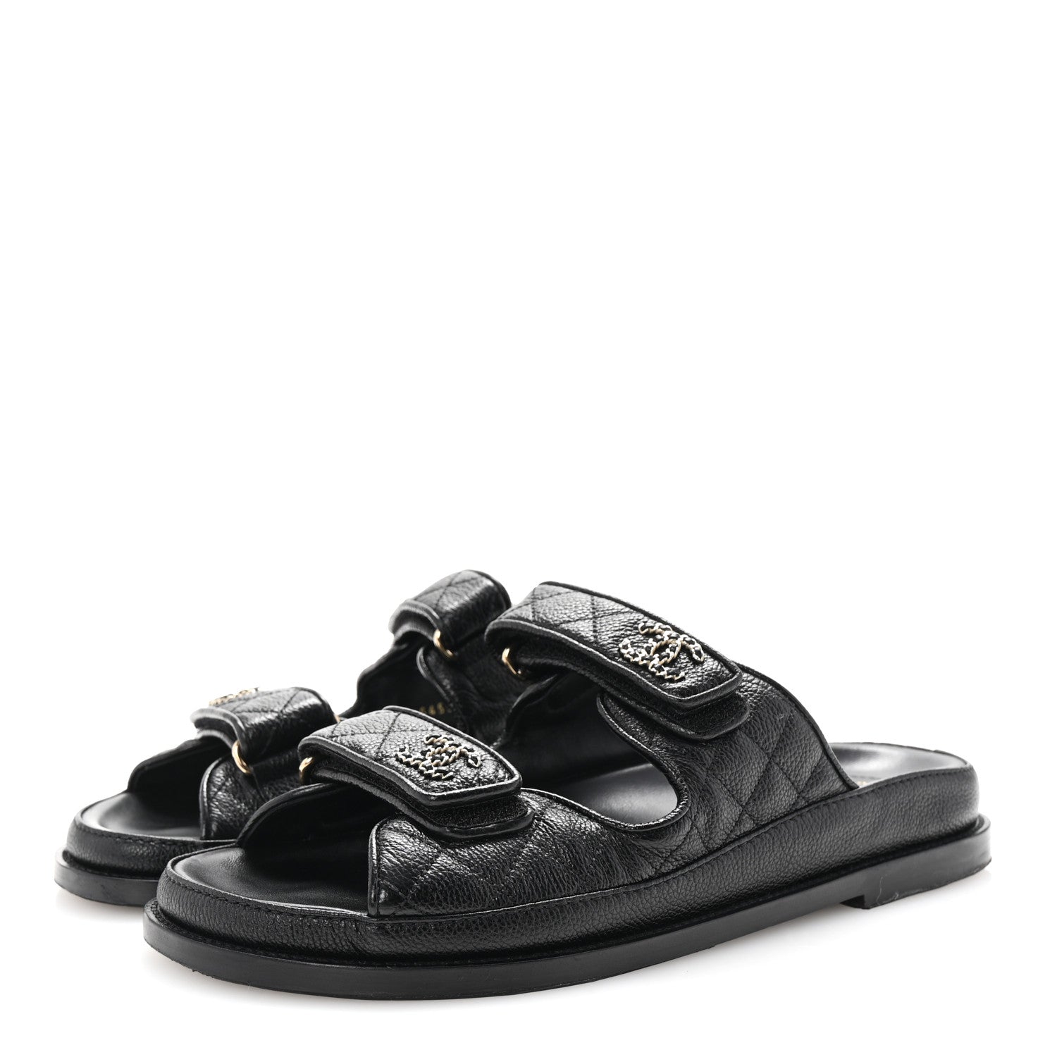 Chanel Grained Calfskin Quilted Velcro Dad Chain CC Slide Sandals 40 Black 4 of 10