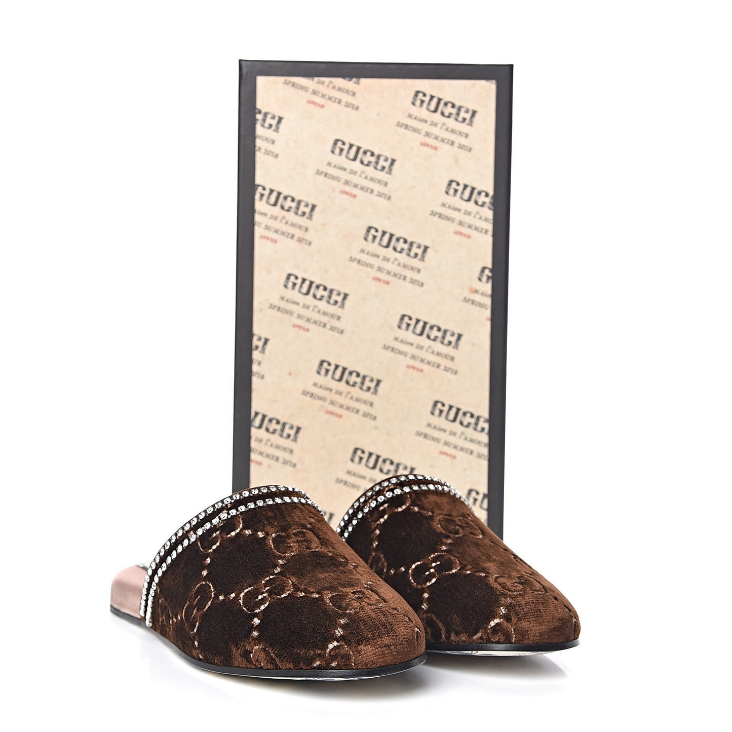Velvet GG Monogram Crystal Womens Slippers 38 Brown Vintage Cocoa