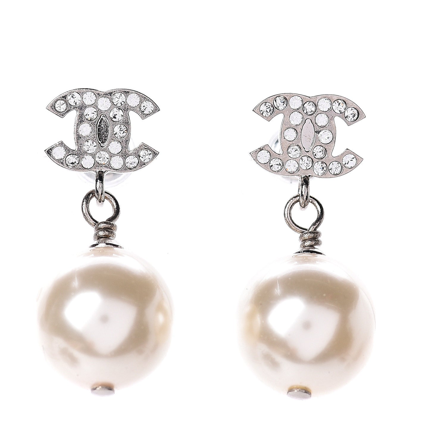 Crystal Pearl CC Drop Earrings Silver